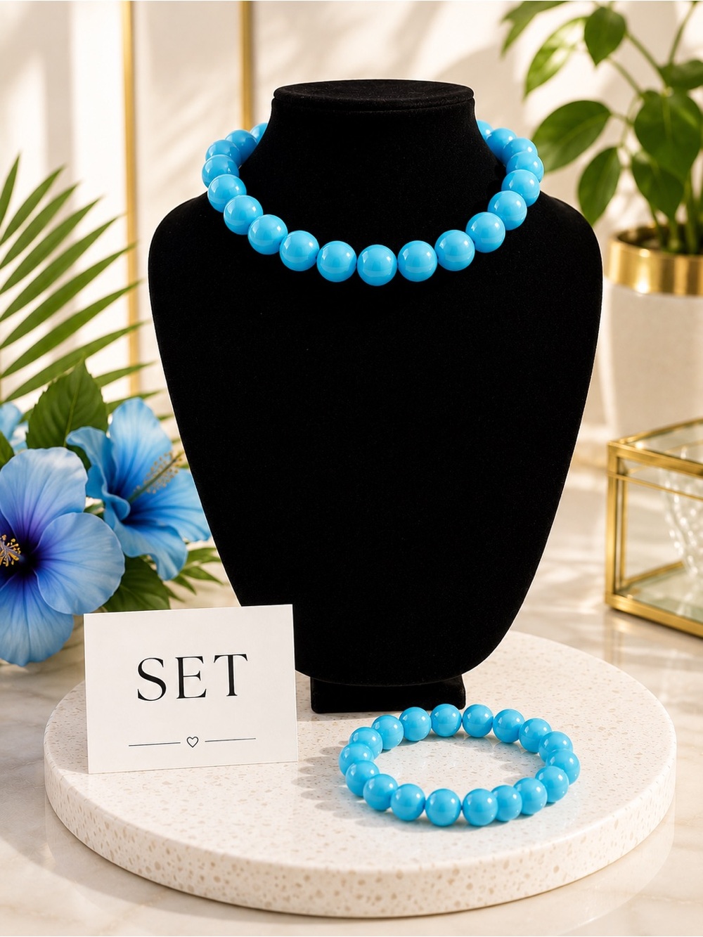 Turquoise Bead Necklace and Bracelet Set - Women Jewelry